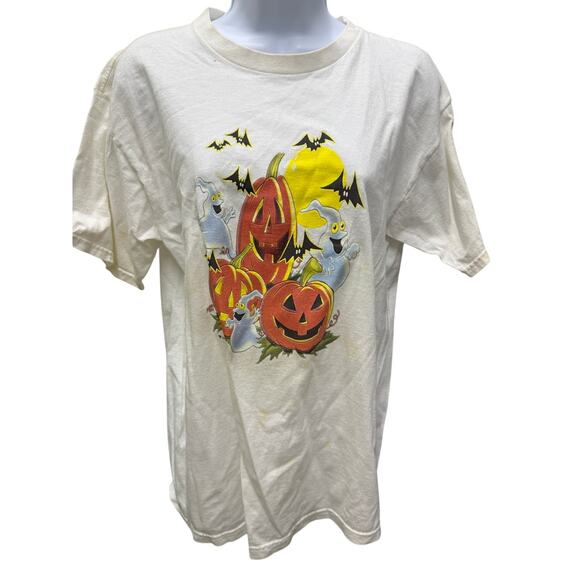 2 VTG 90's Halloween T Shirts SZ L South Point Black Cat Jack O Lantern Bat FLAW - Picture 5 of 12